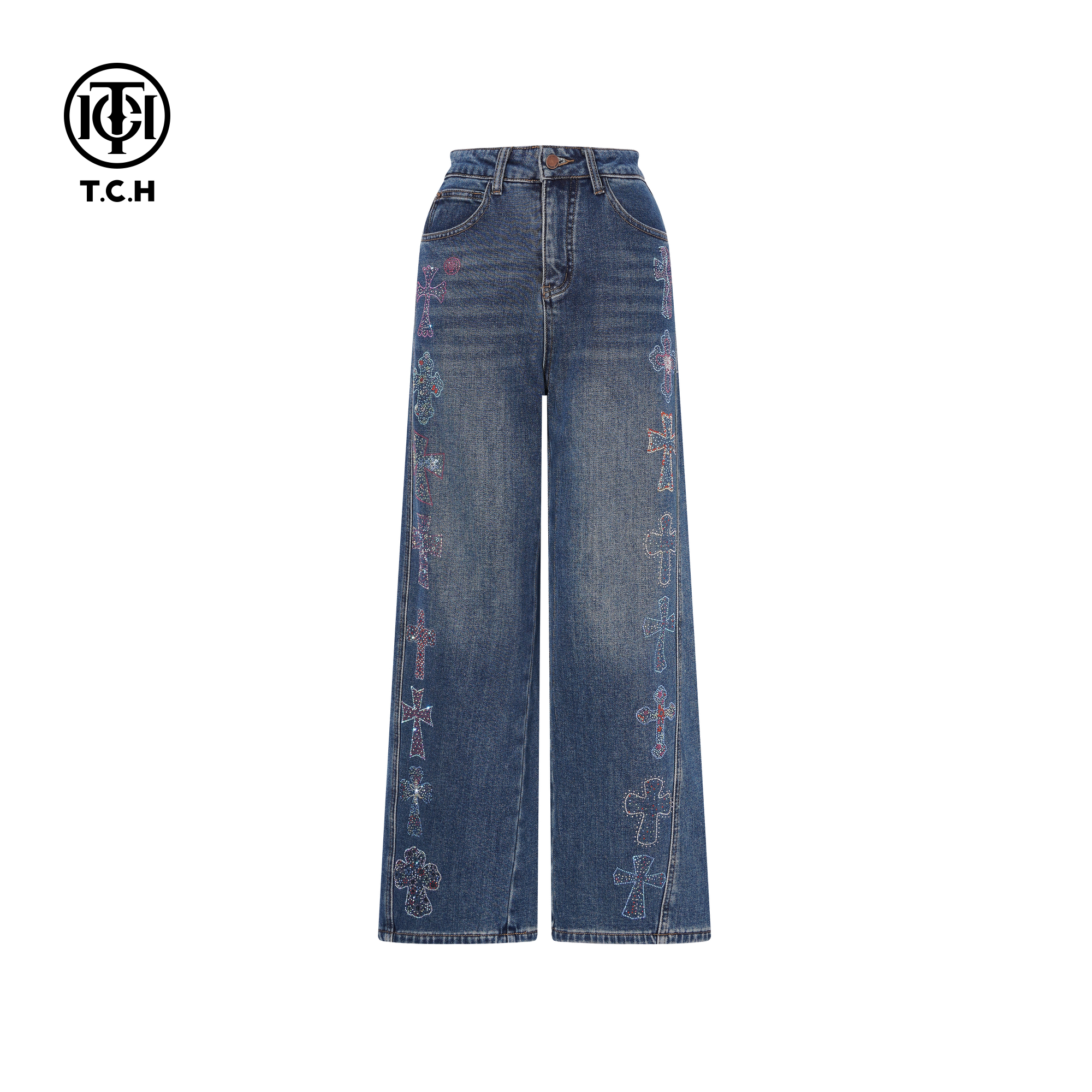 TCH私服25秋冬新款烫钻时尚复古做旧阔腿宽松牛仔裤女T75D20E1049