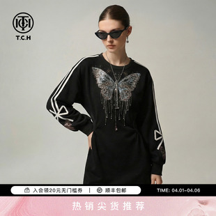 TCH时尚 连衣裙女T78A30E1006 潮牌蝴蝶烫钻减龄收腰显瘦黑色长袖