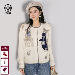 TCH小香风黑猫小熊烫钻【100%绵羊毛】毛衣针织开衫女T75D43E1046