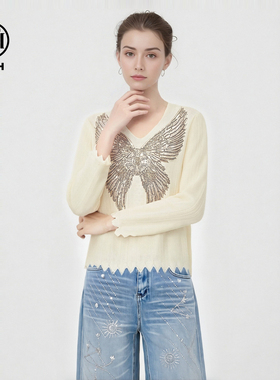TCH2026春季新款百搭翅膀烫钻米白色V领针织衫上衣女T78A09E1103