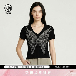 短袖 针织T恤女T78A09E1183 翅膀烫钻显瘦黑色修身 TCH2026春夏新款