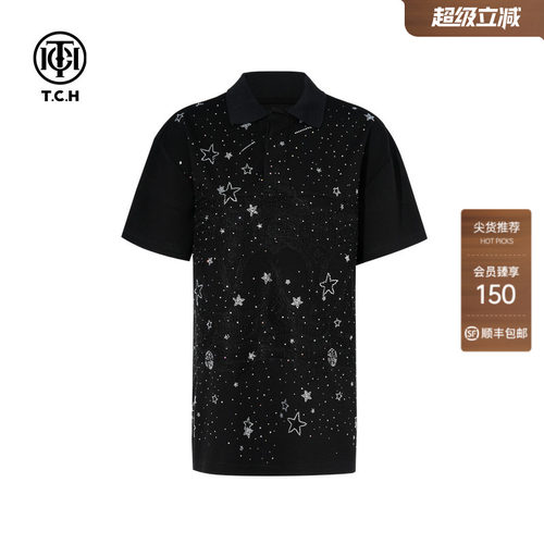 TCH轻奢烫钻时尚休闲短袖T恤百搭宽松翻领polo衫夏季T75B10B1059