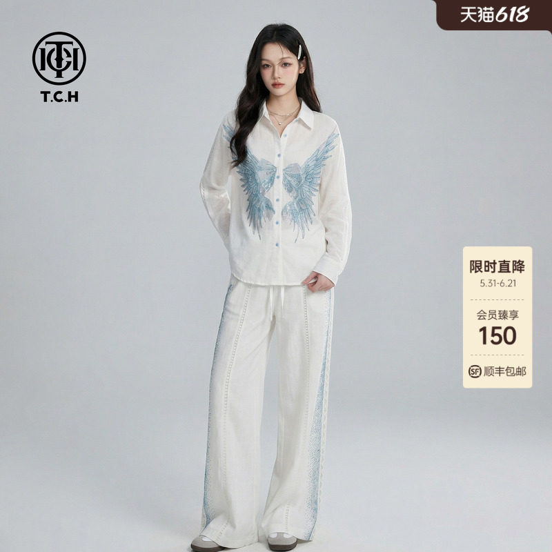 TCH休闲亚麻烫钻翅膀套装女白色翻领衬衫阔腿裤两件套T78B07E1019