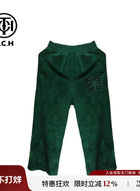 TCH秋冬时髦百搭烫钻宽松字母绒绒串标绿色休闲长裤女T72A20E6021