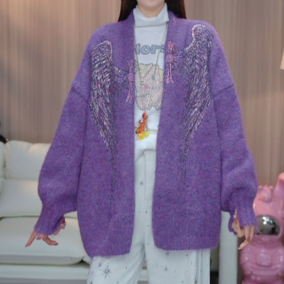 TCH2025冬季新款时尚烫钻紫色慵懒宽松针织开衫外套女T75D43E1047