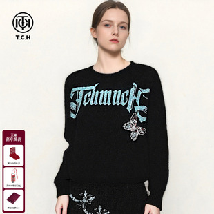 女T75D09E1290 秋冬烫钻保暖软糯宽松圆领针织衫 TCH 95%绵羊毛