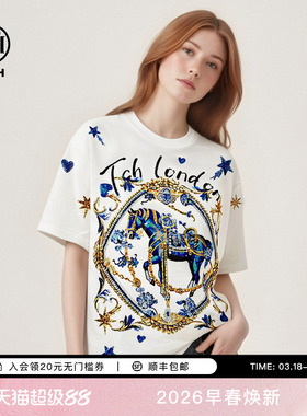 TCH重工骏马烫钻2026春夏款潮流百搭卡通宽松短袖T恤女T78B106017