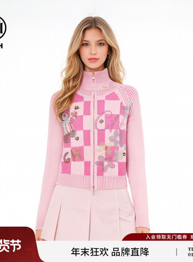 TCH少女粉学院风格子小熊烫钻双拉链针织开衫女秋冬款T75D43E1059