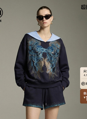 TCH潮牌重工烫钻蝴蝶翅膀套装海军领卫衣短裤两件套女T78A07E1177