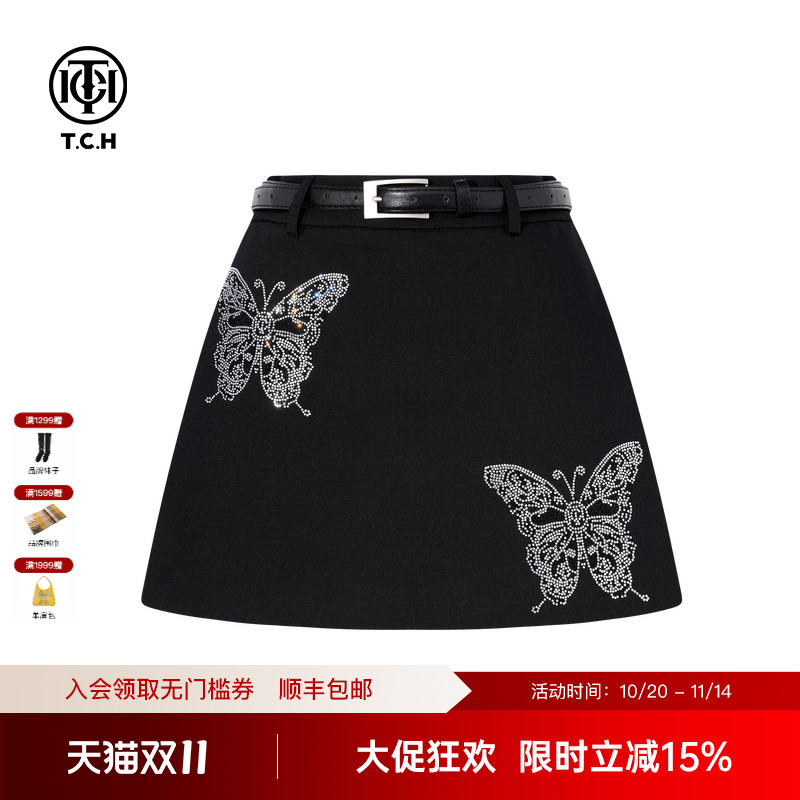 TCH私服烫钻黑色裙裤女2025秋季新款遮肉显瘦A字短裤T75C21E1012