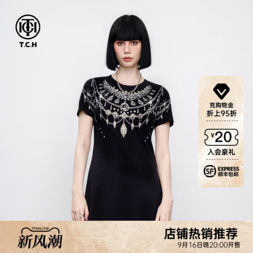 TCH轻奢重工烫钻时尚修身显瘦黑色收腰连衣裙女2026夏季新款