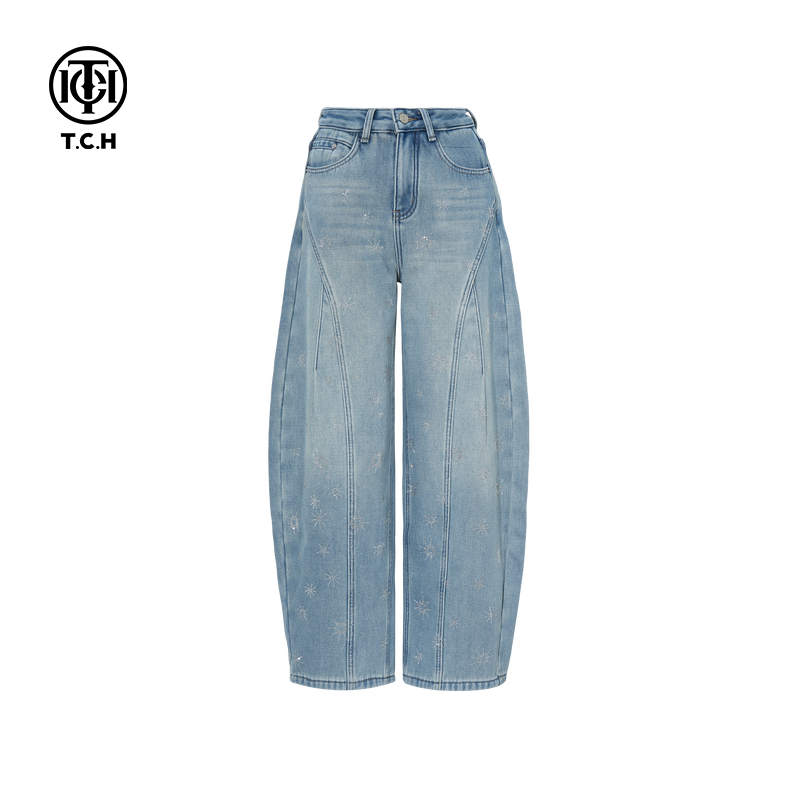 TCH私服2025冬季新款时尚烫钻弯刀阔腿显瘦牛仔裤女潮T75D20E1062