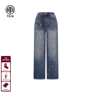 宽松休闲裤 TCH烫钻直筒牛仔裤 百搭时尚 新款 T75D20E1130 女2025冬季