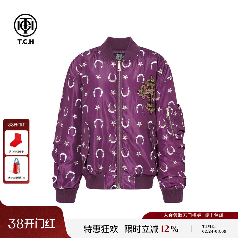 TCH潮牌时尚烫钻棒球领棉服外套女2025冬季新款情侣装T75C18E9002