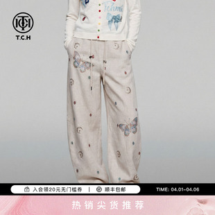 TCH烫钻亚麻薄款 阔腿宽松休闲裤 女夏季 T75B20E5089 高腰弯刀裤