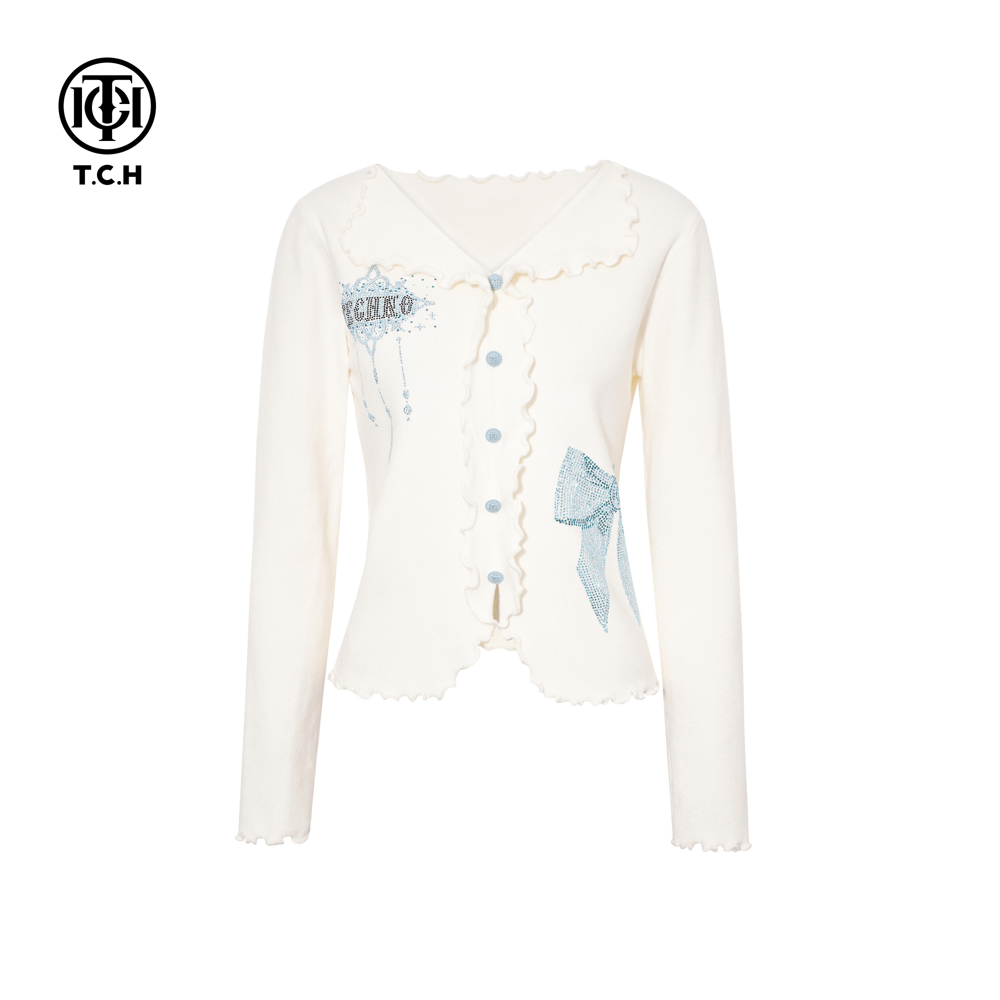 TCH私服时尚烫钻木耳边米色修身气质百搭打底针织开衫T75D09E1089