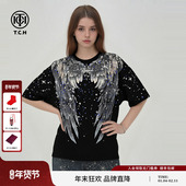 T恤2026春夏新款 TCH潮酷个性 重工翅膀烫钻宽松休闲短袖 T78B106006