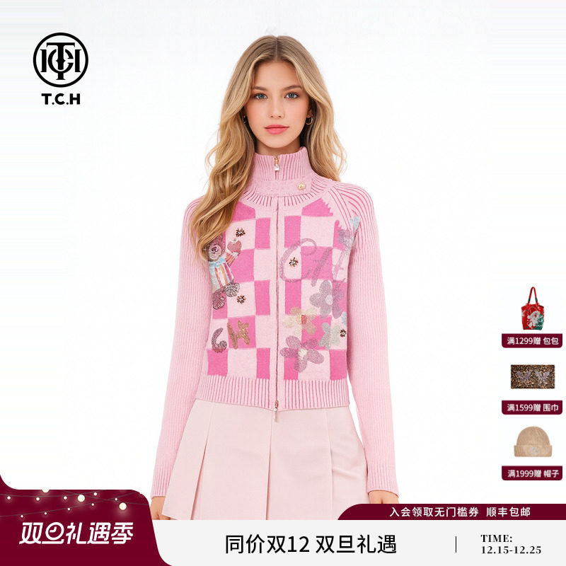 TCH少女粉学院风格子小熊烫钻双拉链针织开衫女秋冬款T75D43E1059