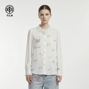 TCH烫钻粉色蝴蝶结甜妹温柔风白色花边立领衬衫上衣女T78A13E1033