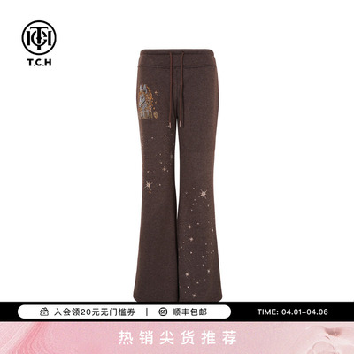 TCH美式烫钻咖色薄绒垂感显瘦休闲微喇裤女2025冬新款T75D20E1142