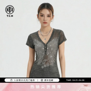TCH烫钻翅膀针织T恤女深灰色V领修身 上衣夏季 新款 T78A09E1197 短袖