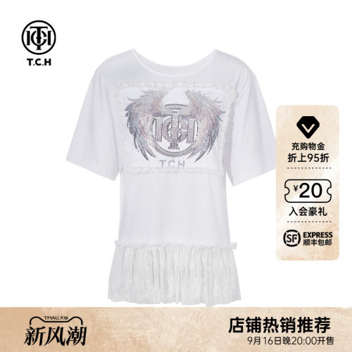 TCH烫钻早秋蕾丝拼接洋气百搭气质短袖T恤女T75C10B1019