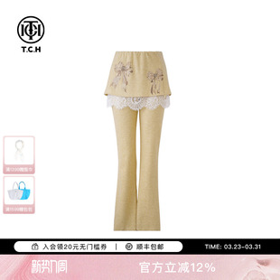 2025春夏新款 休闲长裤 T75A20E5082 微喇裤 TCH假两件蕾丝边美式