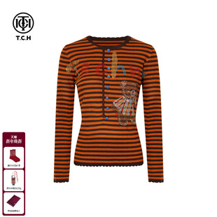 上衣女25秋冬新款 针织衫 T75D09E5050 烫钻橘色条纹打底修身 TCH时尚