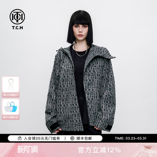 新款 2025夏季 潮流字母烫钻斜拉链连帽外套男女同款 TCH时尚