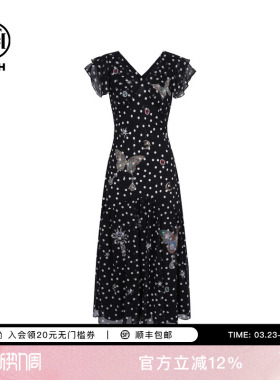 TCH烫钻气质淑女减龄A字收腰V领显瘦波点连衣裙女T75B30E5205