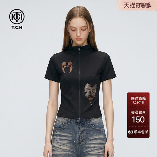 TCH烫钻黑色立领拉链短袖上衣
