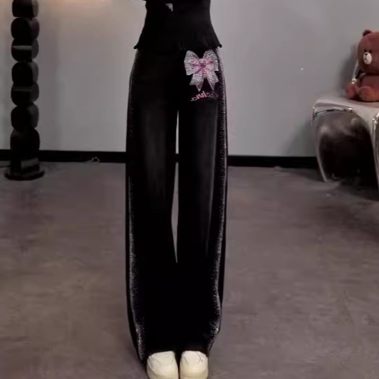 TCH2025冬新款时尚烫钻阔腿宽松百搭黑色加绒牛仔裤女T75D20E5020