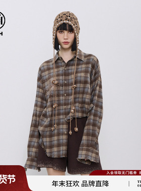 TCH复古港风奢华烫钻格子衬衫女高级感流苏新款上衣T72C13E5002A