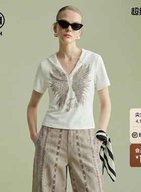 TCH甜酷烫钻翅膀蕾丝连帽短袖女白色百搭显瘦T恤上衣T78A10E1070