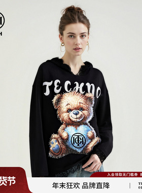 TCH蕾丝下摆小熊烫钻黑色甜酷连帽卫衣女2026春夏新款T78A126005
