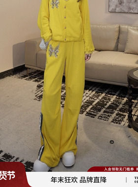 TCH私服25秋季新款时尚个性烫钻休闲宽松黄色直筒长裤T75C20E1099