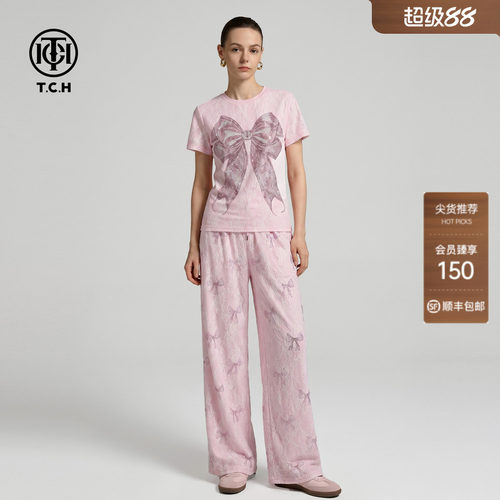 TCH烫钻蕾丝短袖阔腿裤套装