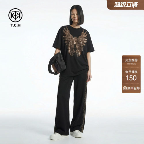 TCH2026夏款潮牌翅膀黑金烫钻短袖T恤阔腿裤休闲套装T78A07E1168
