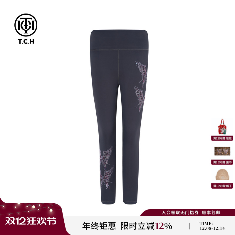 TCH翅膀烫钻2025冬季新款修身显瘦加厚打底裤瑜伽裤女T75D23E1010