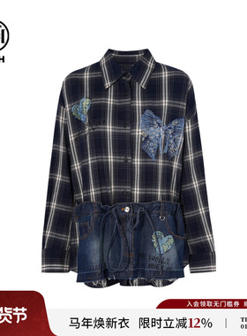 TCH私服烫钻潮牌街头宽松百搭格子牛仔拼接衬衫外套女T75C13E1027