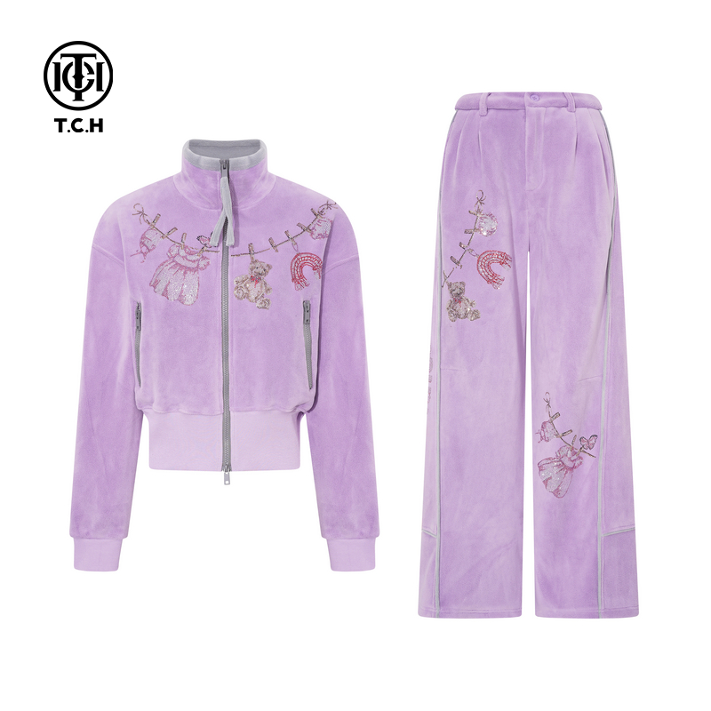 TCH时尚烫钻2025冬新款加厚立领紫色外套休闲裤套装女T75D07E1056
