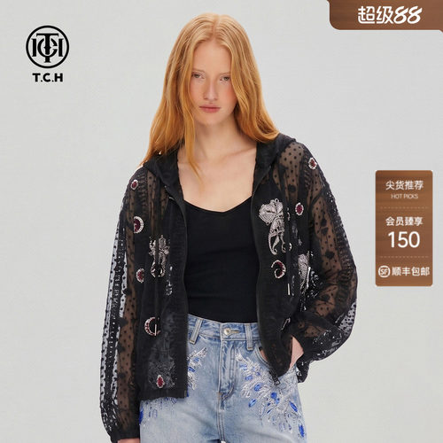 春夏暗纹提花蕾丝烫钻宽松外套女