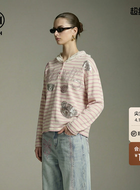 TCH宽松蕾丝拼接连帽烫钻萌熊减龄条纹撞色针织衫女T78A09E1130