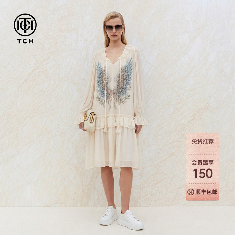 TCH烫钻天使之翼百搭慵懒宽松荷叶裙摆中长款连衣裙女T78A30E1050图片