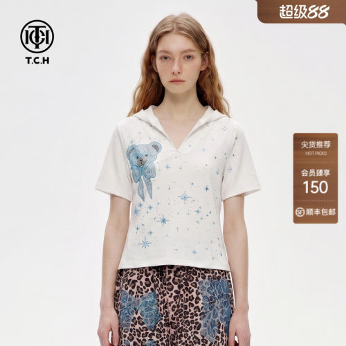 小熊星星烫钻蕾丝连帽T恤女