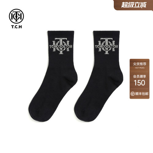 TCH轻奢LOGO烫钻烫钻工艺时尚休闲百搭中筒袜子女T78B55E5001