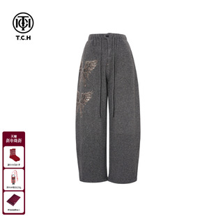 女T75D20E1192 烫钻灰色休闲风显瘦阔腿裤 TCH2025秋冬新款 加厚时尚