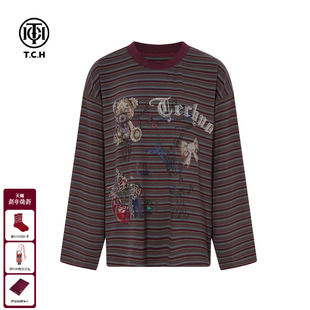 T恤女T75D08E1005 烫钻休闲复古条纹宽松长袖 TCH2025秋冬新款 时尚