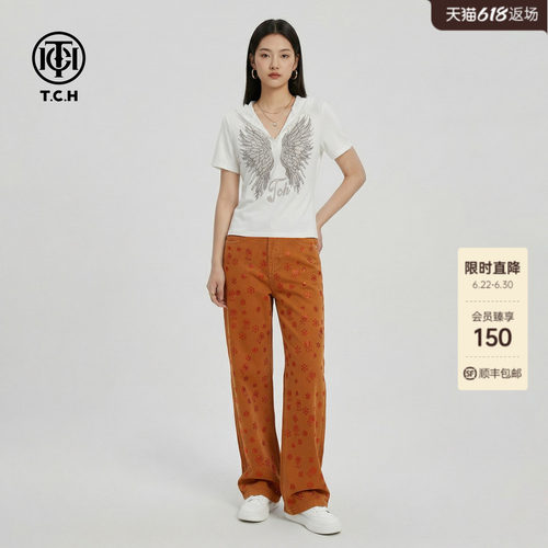 TCH复古烫钻满印直筒牛仔裤女