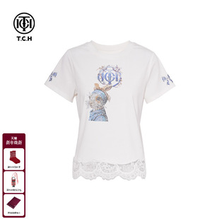 休闲百搭白色短袖 烫钻时尚 T恤女T75A10E5035 新款 TCH私服2025夏季